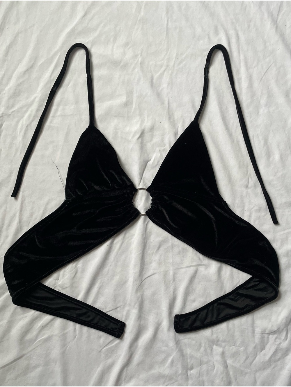 Women’s Black Velvet Triangle Top w/ Ring, Adjustable Halter Tie